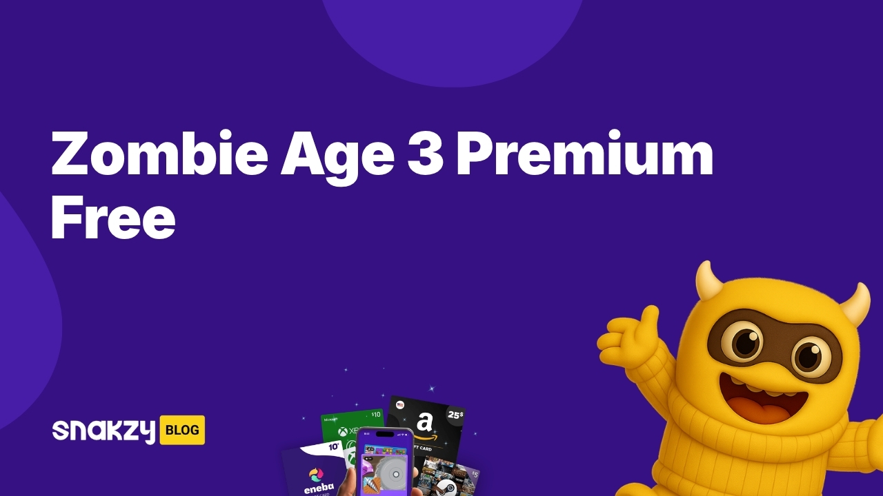 Featured card for the Zombie Age 3 Premium APK free guide on Snakzy showing how to earn Google Play gift cards.